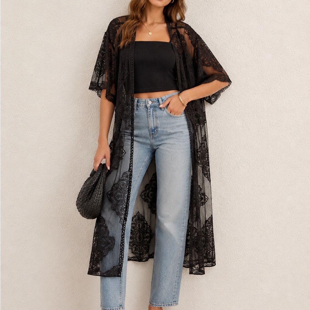 Black Lace Duster Cardigan - Sheer Kimono Sweater L
